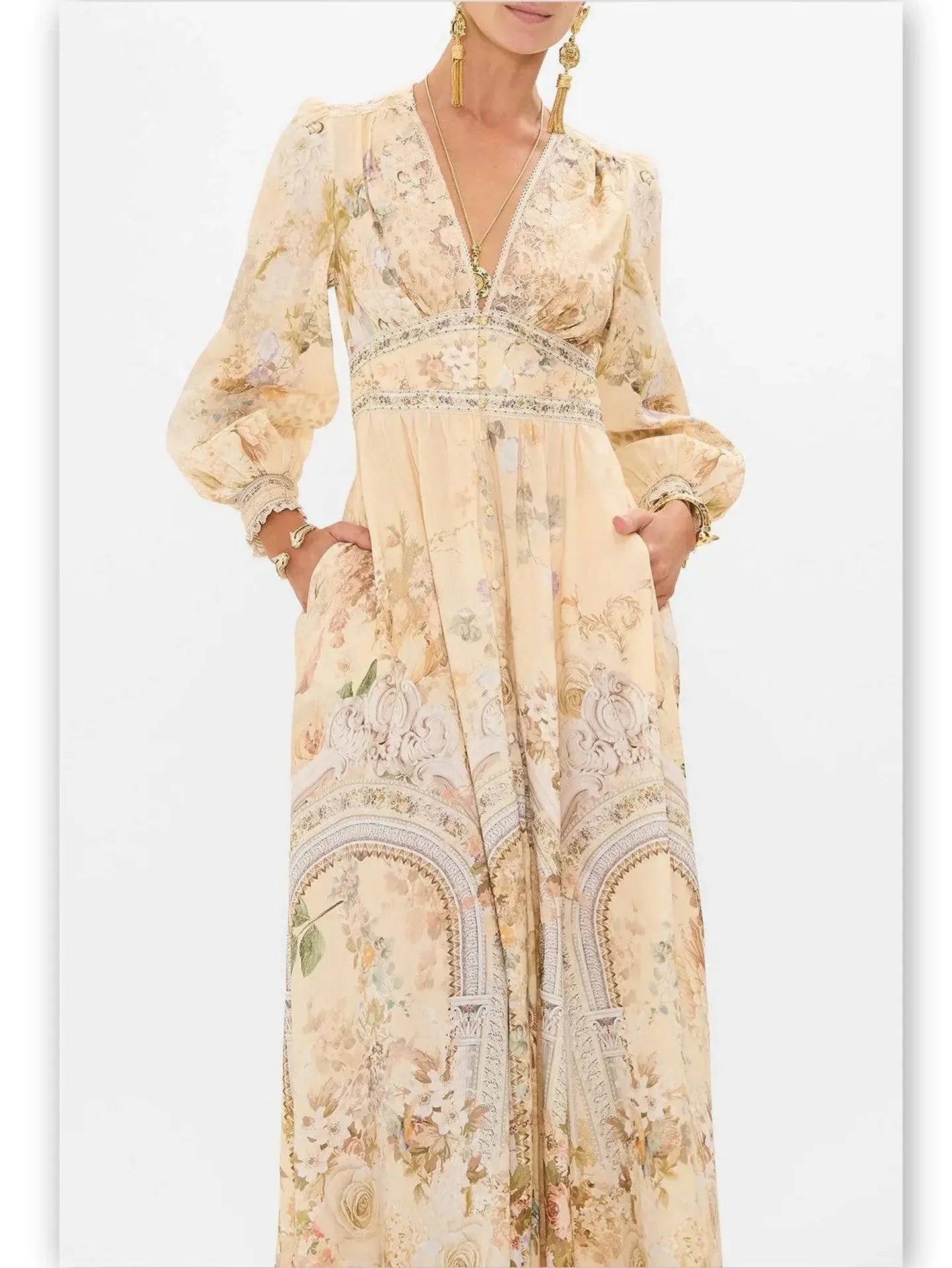 Button-Down Plunge V-Neck Maxi Dress with Fitted Waist - Dresses