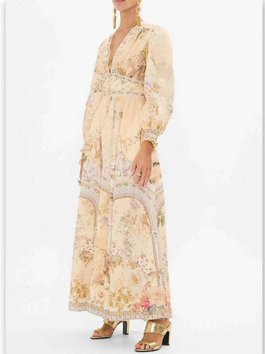 Button-Down Plunge V-Neck Maxi Dress with Fitted Waist - Dresses