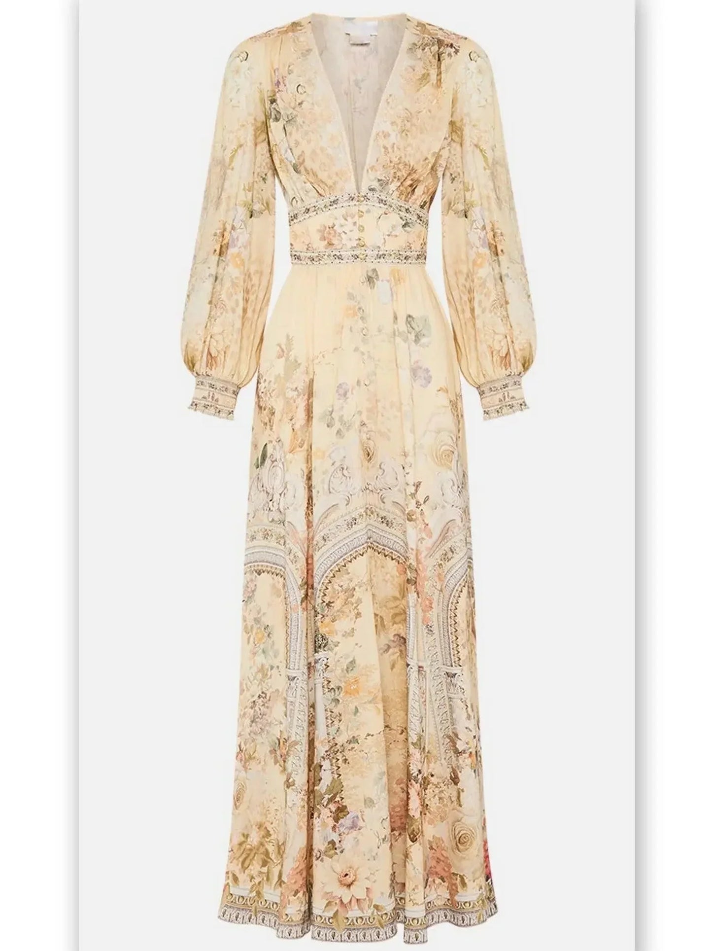 Button-Down Plunge V-Neck Maxi Dress with Fitted Waist - Dresses