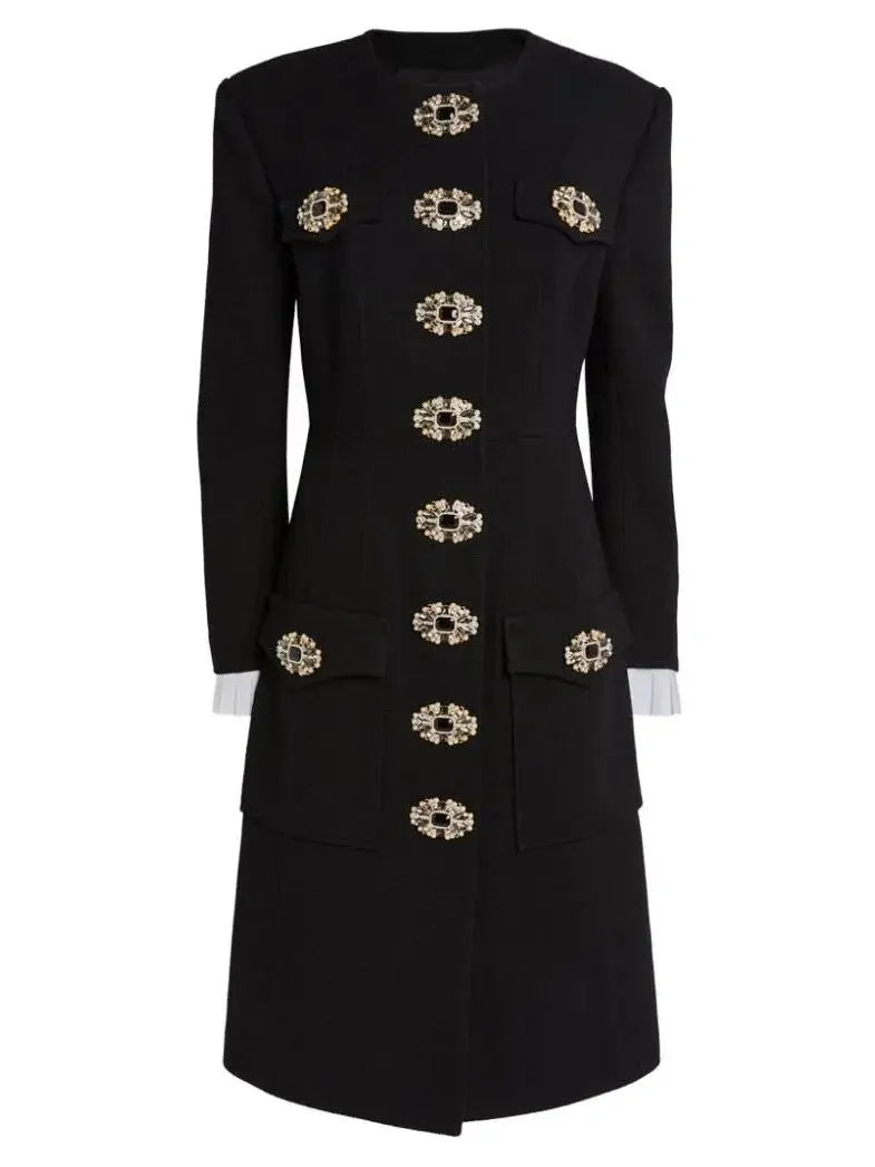Button-Embellished Black Midi Coat - Coats