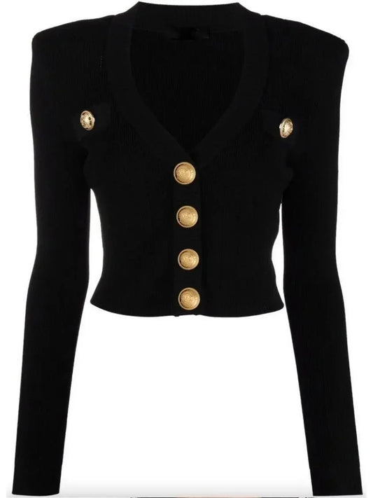 Button-Embellished Cropped Knit Cardigan Black - Sweaters & Knitwear
