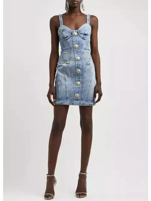 Button-Embellished Denim Mini Dress - Dresses