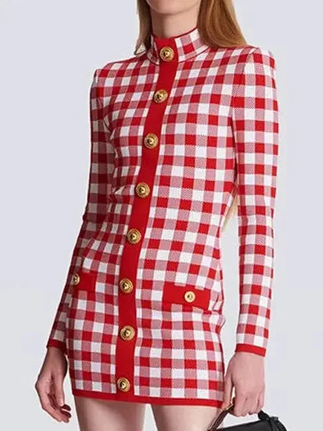 Button-Embellished Gingham Knit Stretch Mini Dress - Dresses