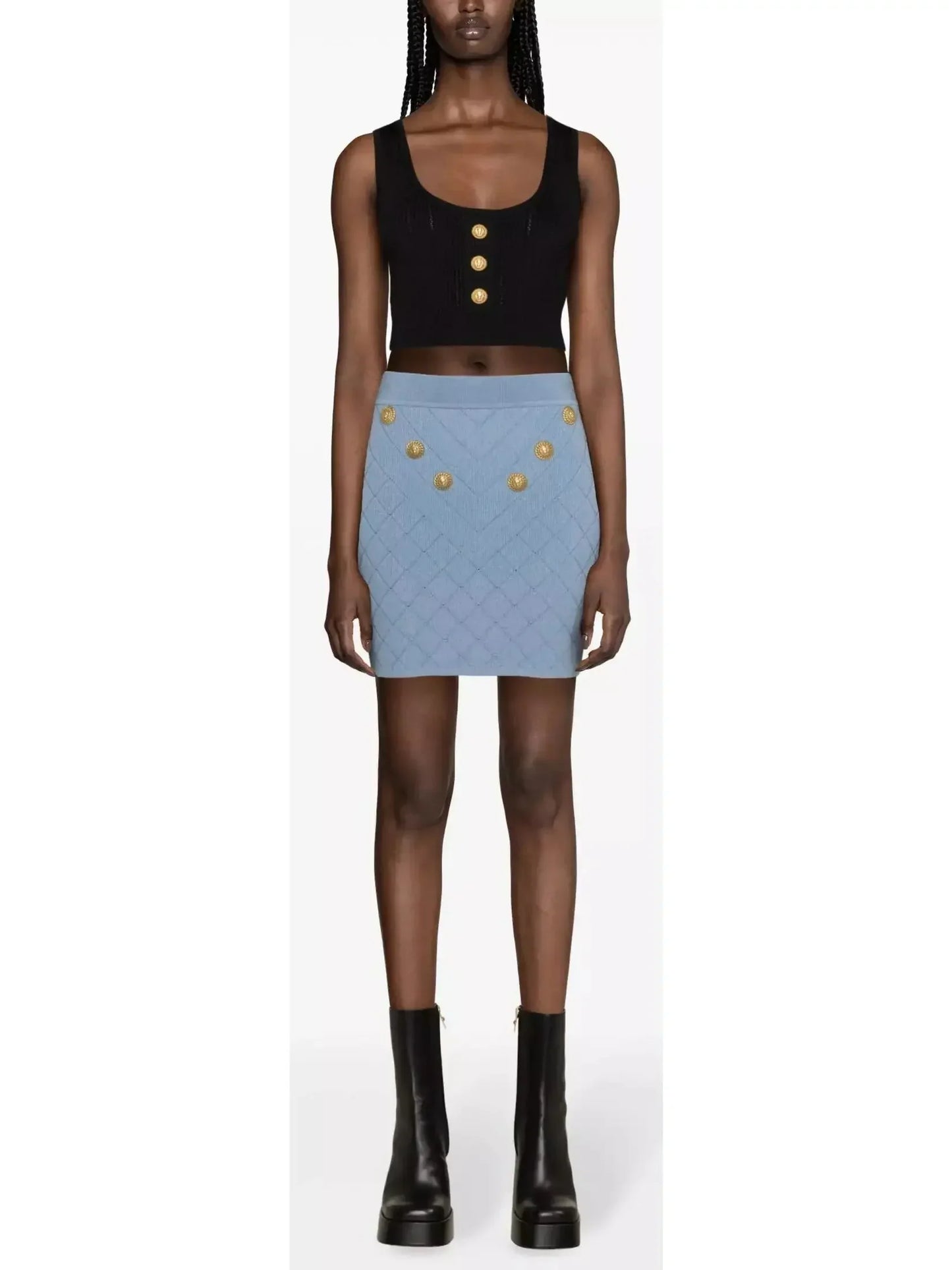 Button-Embellished Knit Mini Skirt Blue - Skirts