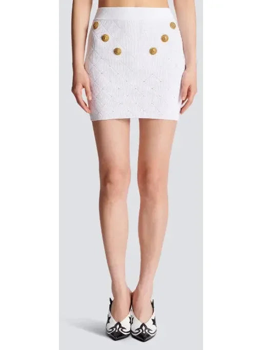 Button-Embellished Knit Mini Skirt White - Skirts