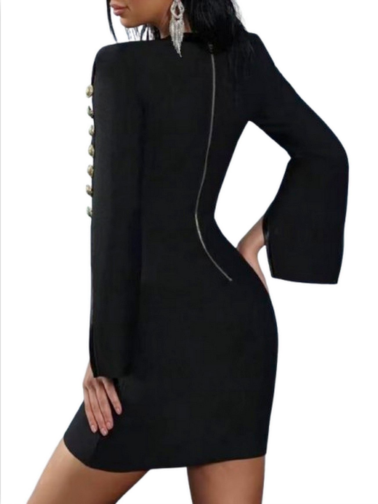 Button-Embellished V-Neck Split-Sleeve Mini Dress - Dresses