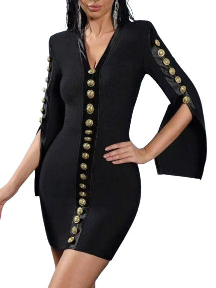 Button-Embellished V-Neck Split-Sleeve Mini Dress - Dresses