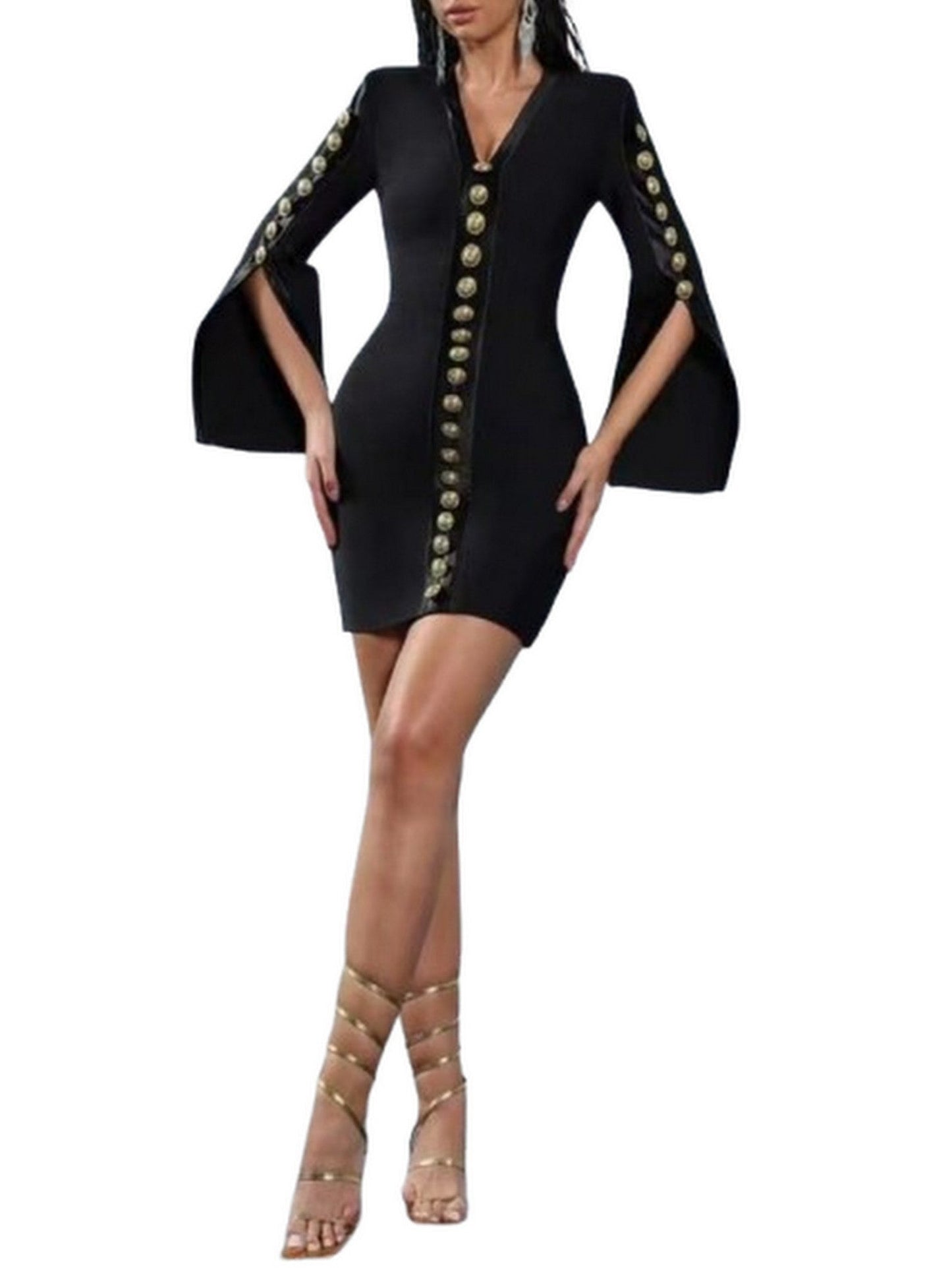 Button-Embellished V-Neck Split-Sleeve Mini Dress - Dresses