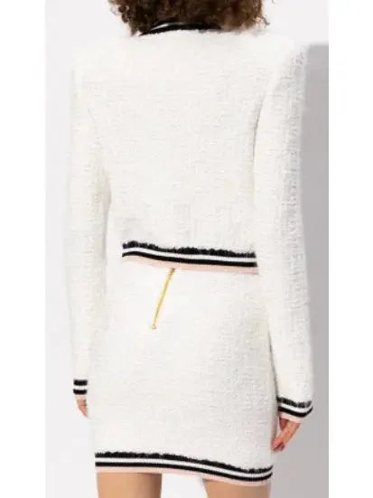 Button-Embellished White Boucle Tweed Cardigan Sweater - Sweaters & Knitwear