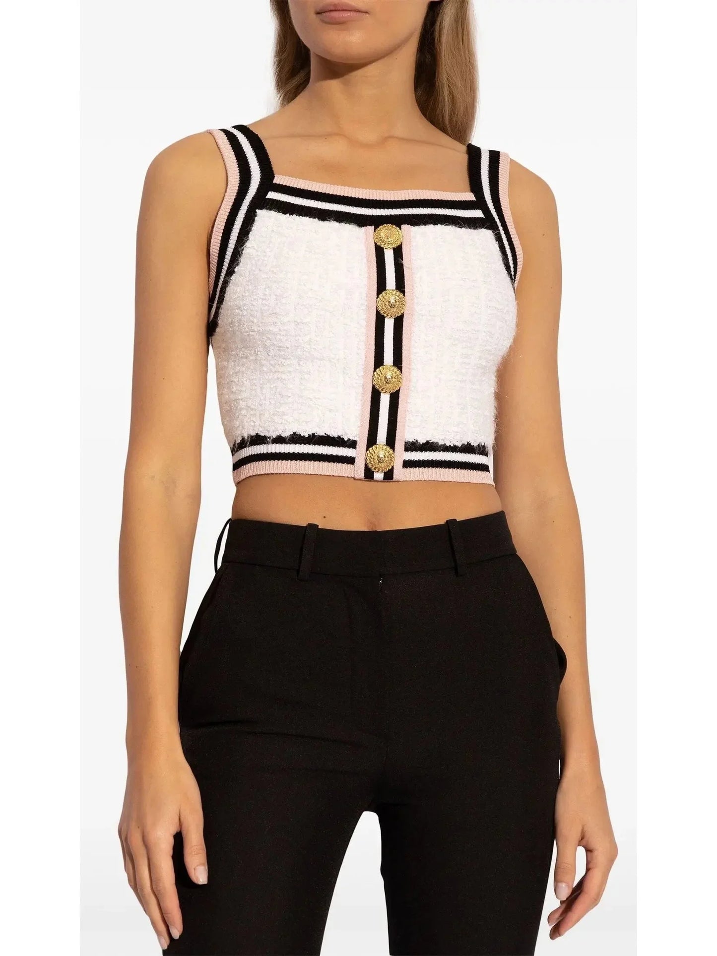 Button-Embellished White Tweed Top - Tops