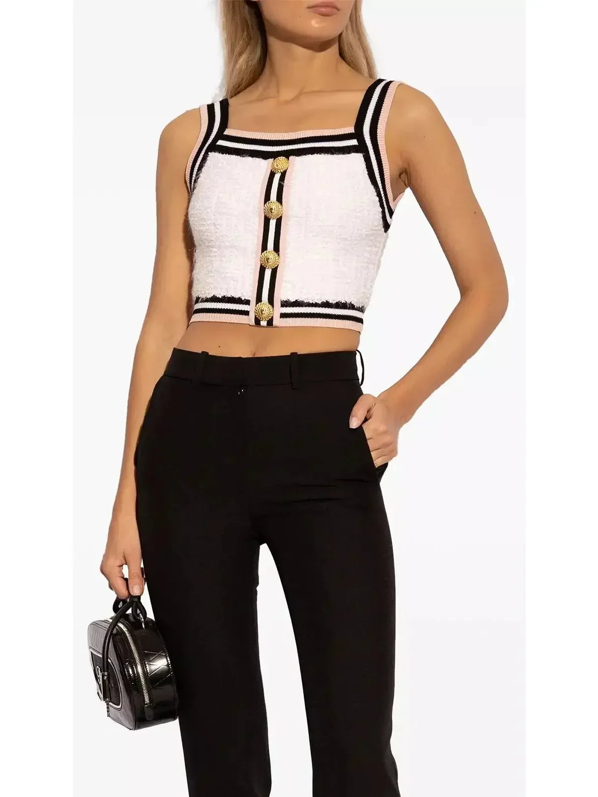 Button-Embellished White Tweed Top - Tops