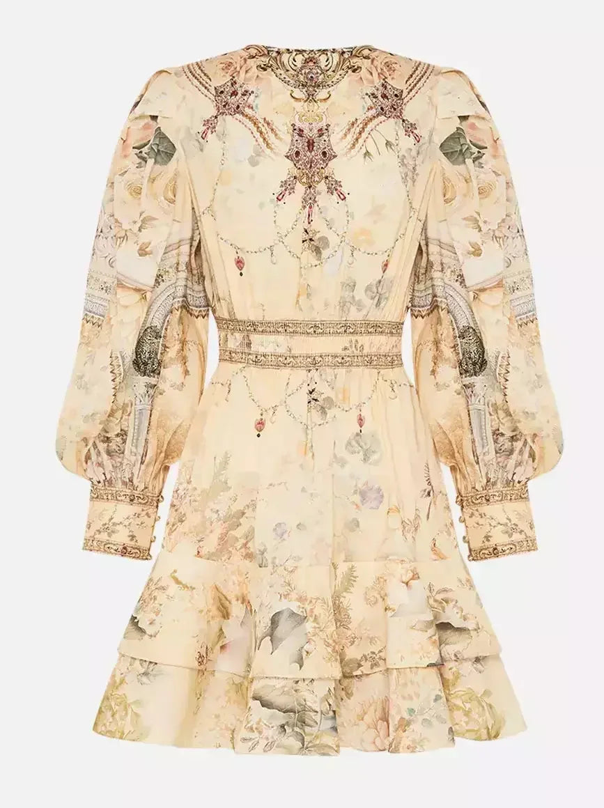 Button-Front Plunge-Neck Printed Frill Dress - Dresses