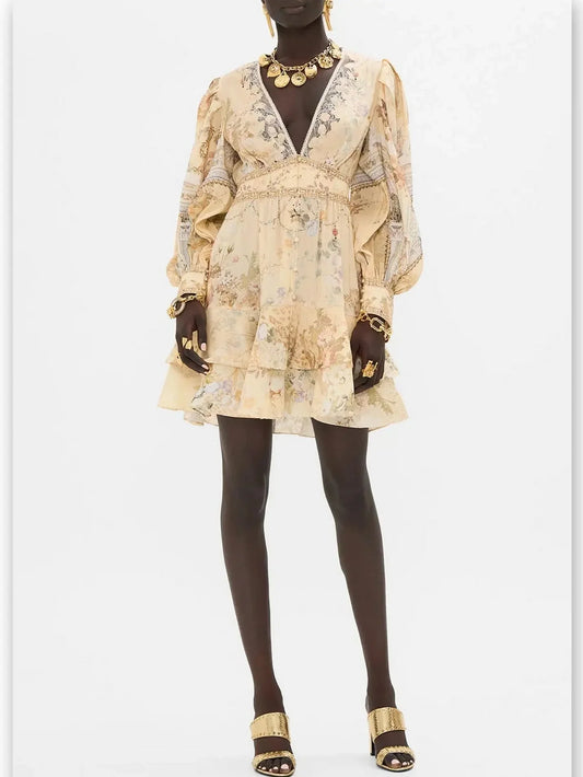 Button-Front Plunge-Neck Printed Frill Dress - Dresses