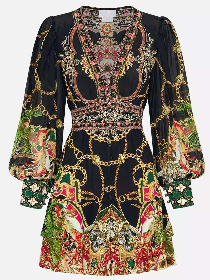 Black patterned button-front printed v-neck mini dress adorned with crystals