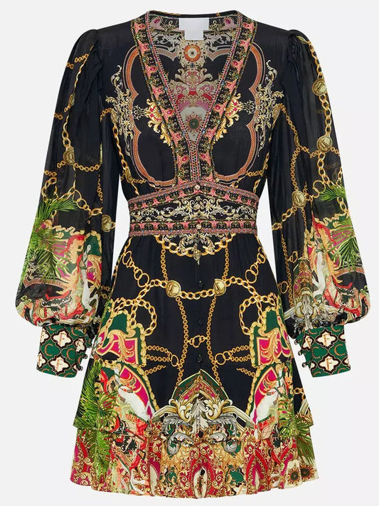 Black patterned button-front printed v-neck mini dress with crystals for stylish occasions