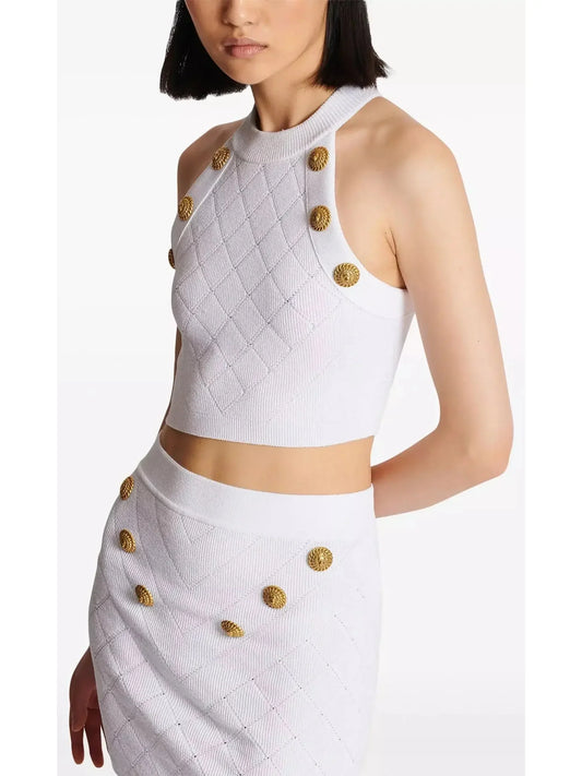 Button Knit Tank Top White - Tops