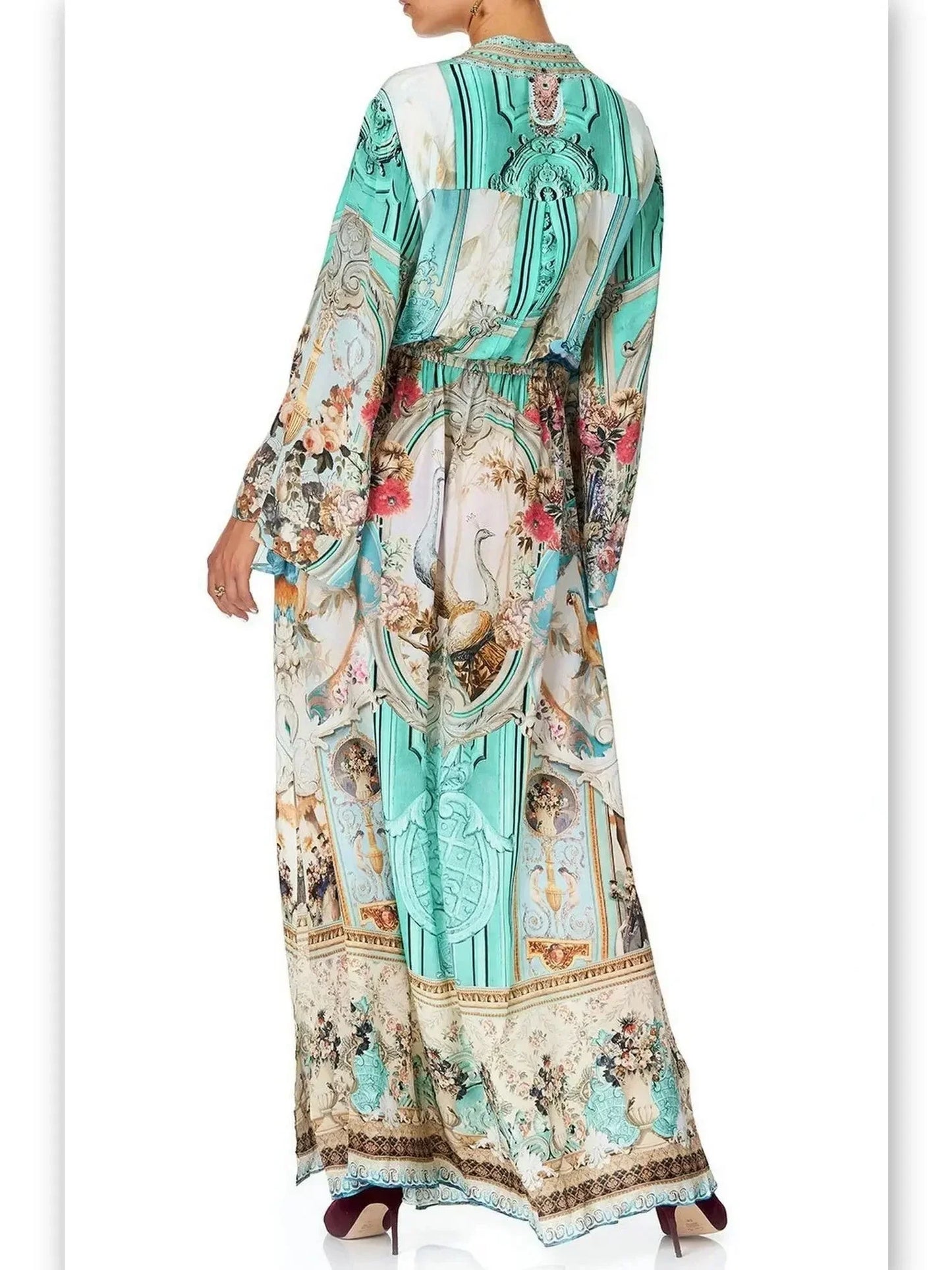 Button-Up Drawstring Celestial Print Silk Dress - Dresses