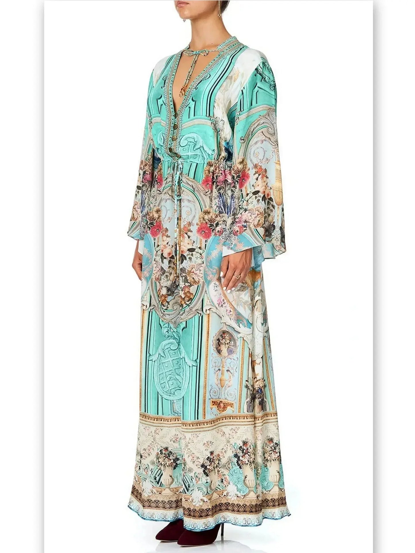 Button-Up Drawstring Celestial Print Silk Dress - Dresses