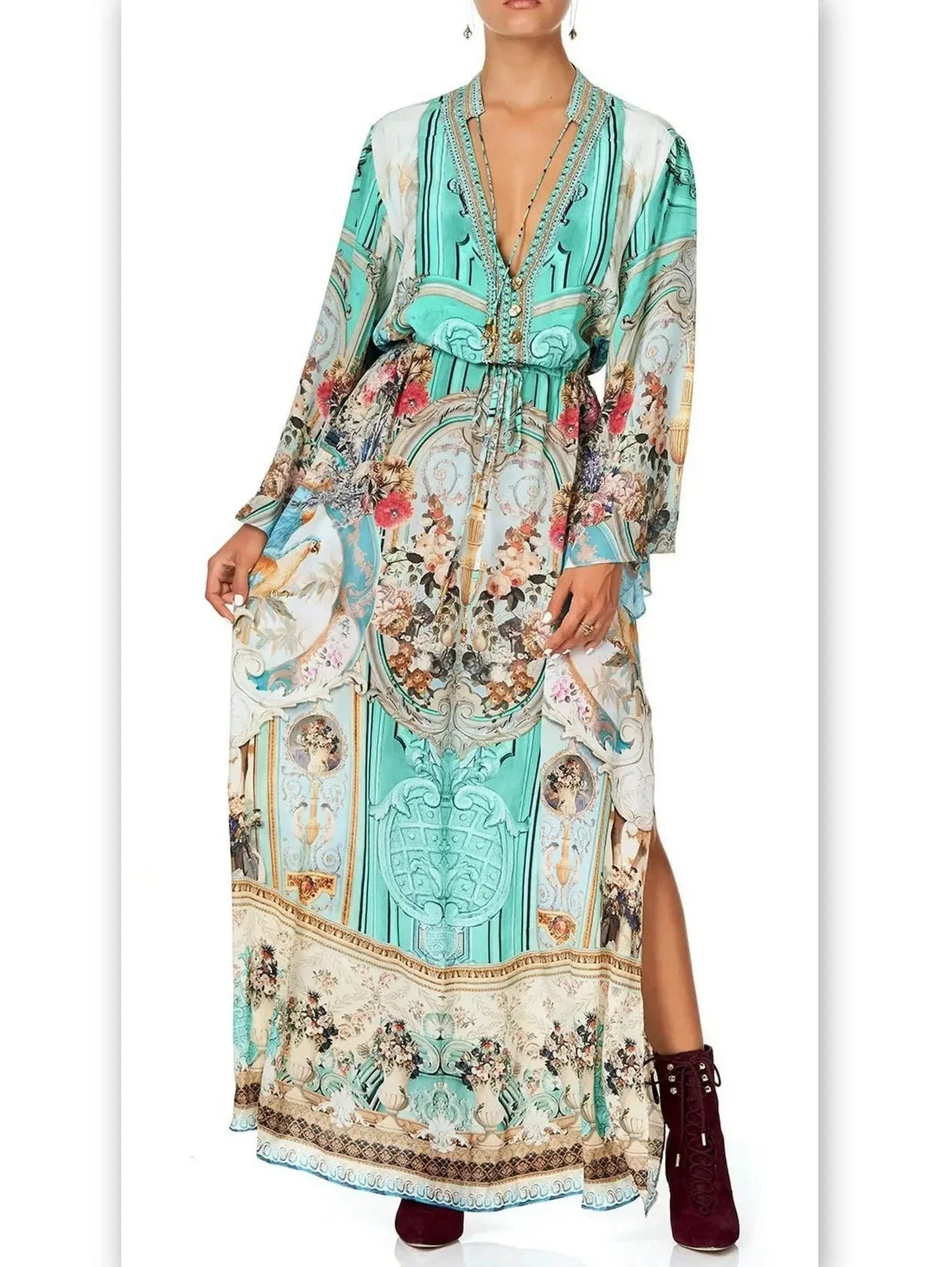 Button-Up Drawstring Celestial Print Silk Dress - Dresses