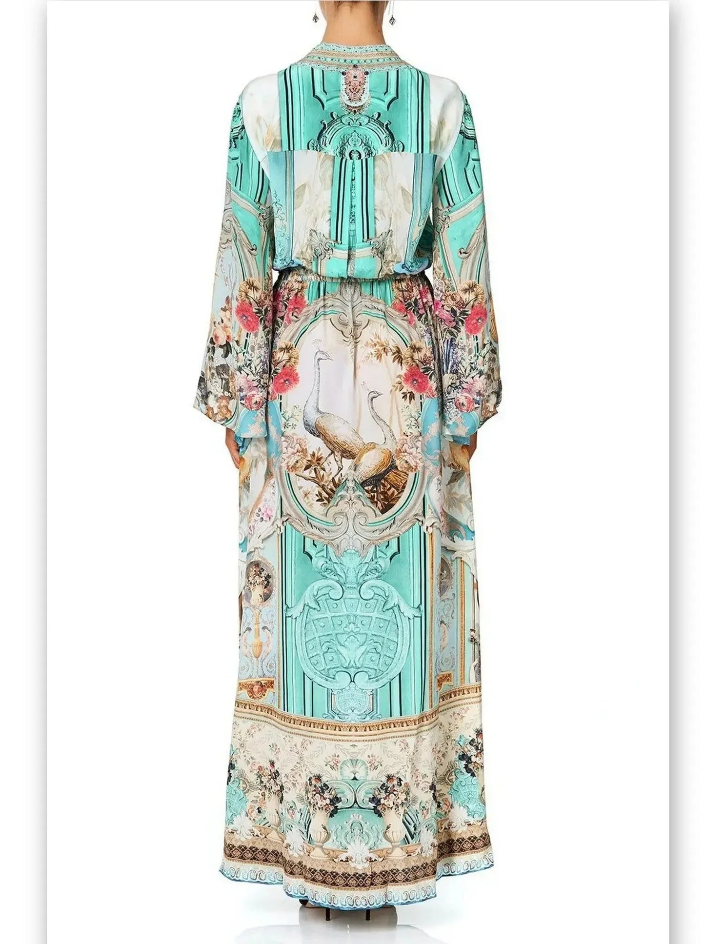 Button-Up Drawstring Celestial Print Silk Dress - Dresses