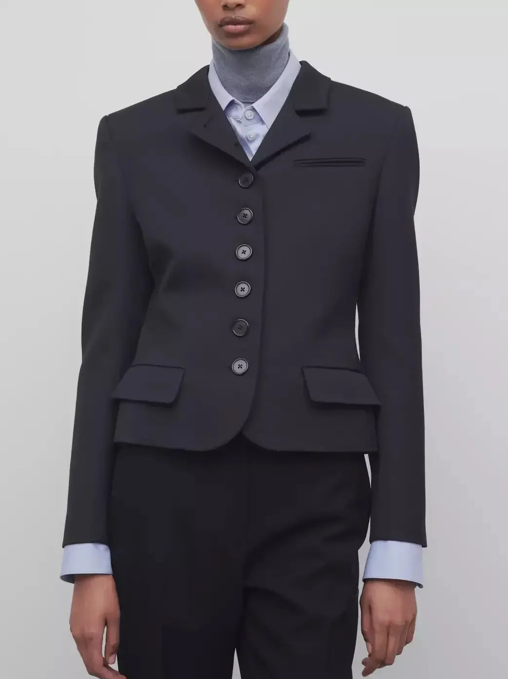 Buttoned Black Wool Fitted Blazer Jacket - Jackets