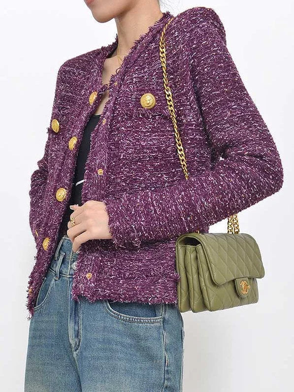 Buttoned Frayed Purple Tweed Jacket - Jackets
