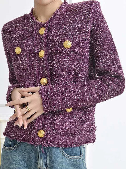Buttoned Frayed Purple Tweed Jacket - Jackets