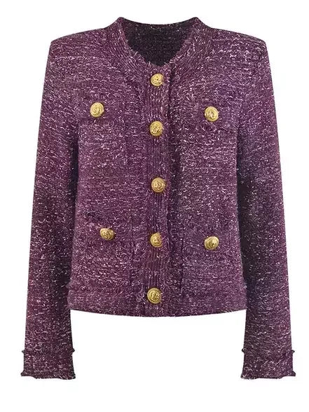 Buttoned Frayed Purple Tweed Jacket - Jackets
