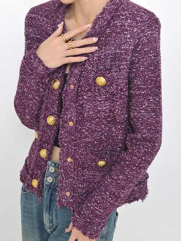 Buttoned Frayed Purple Tweed Jacket - Jackets