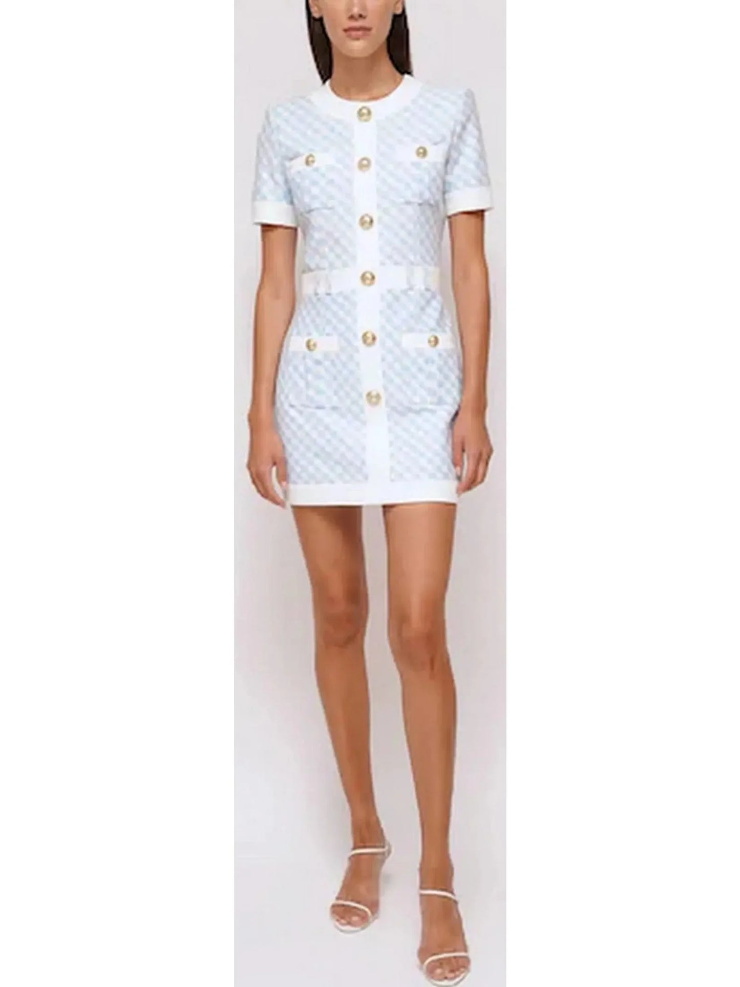 Buttoned Gingham Mini Dress - small - Dresses