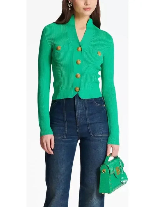 Buttoned Ribbed-Knit Cardigan in Green - Sweaters & Knitwear