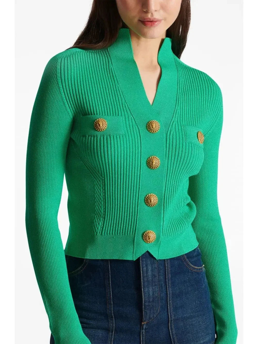 Buttoned Ribbed-Knit Cardigan in Green - Sweaters & Knitwear