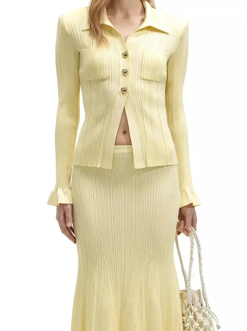 Buttoned Ribbed Knit Top and Midi Skirt Set in Yellow - Suits & Sets