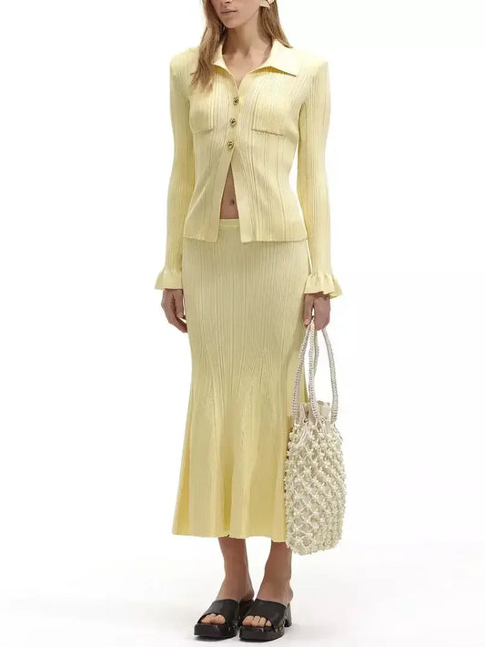 Buttoned Ribbed Knit Top and Midi Skirt Set in Yellow - Suits & Sets