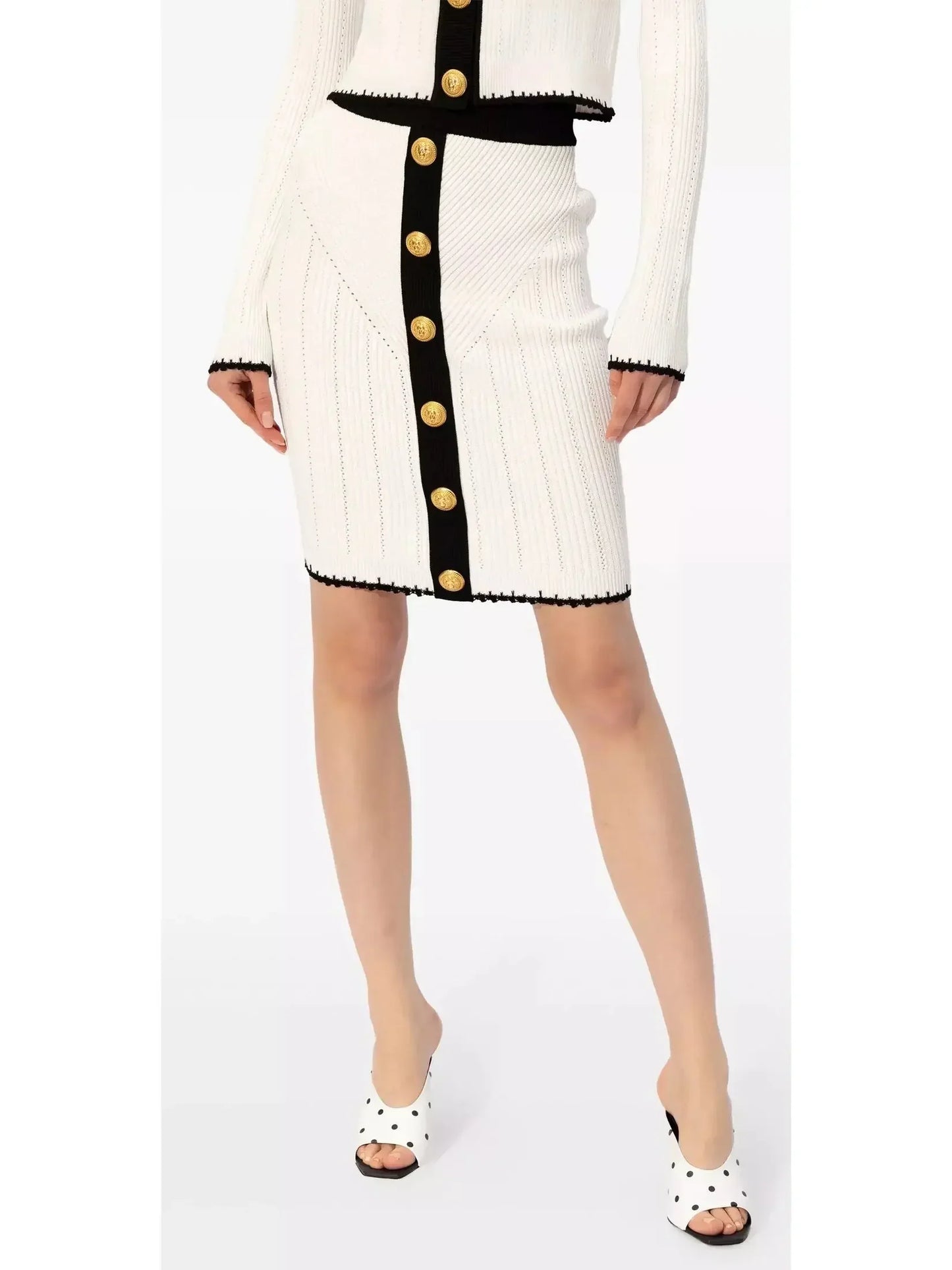 Buttoned Two-Toned Knit Skirt in Ivory and Black - Skirts