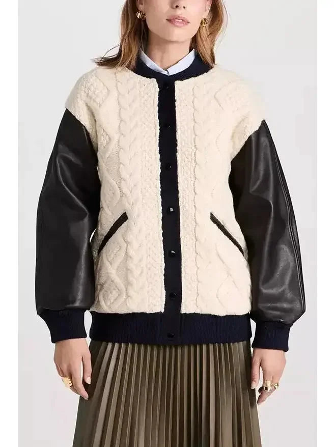 Cable-Knit Leather Paneled Jacket - Jackets