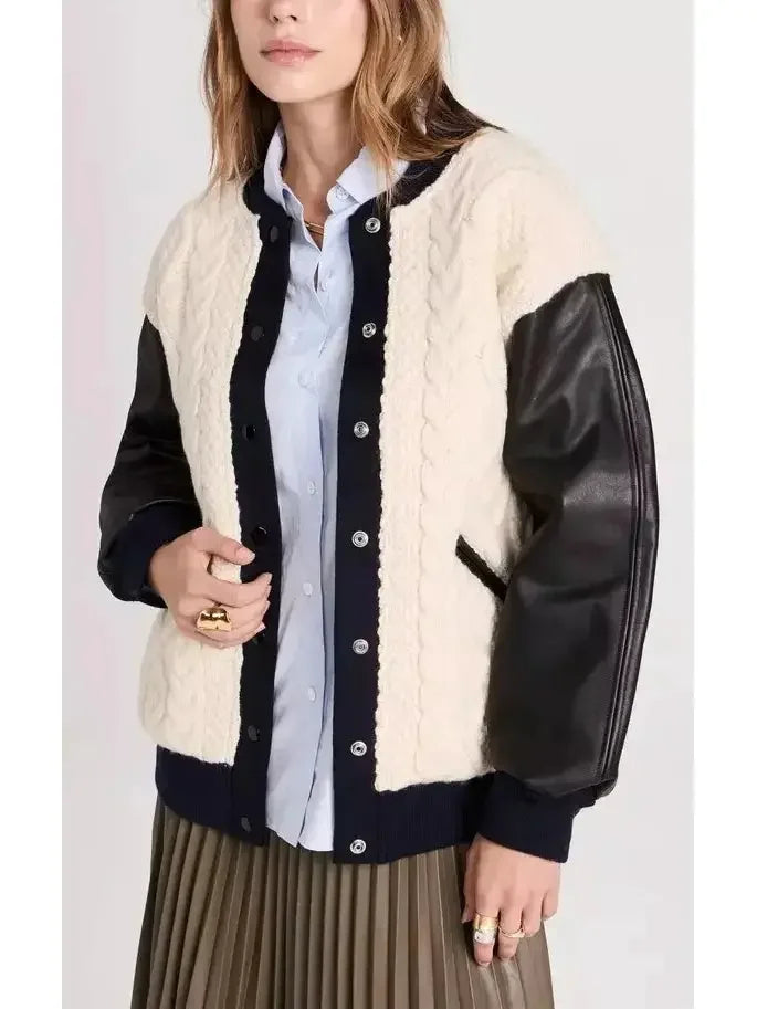 Cable-Knit Leather Paneled Jacket - Jackets