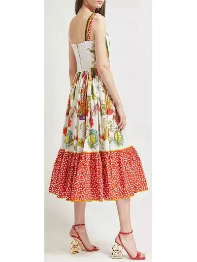 Calf-Length Bustier Dress in Vegetable-Print Poplin - Dresses