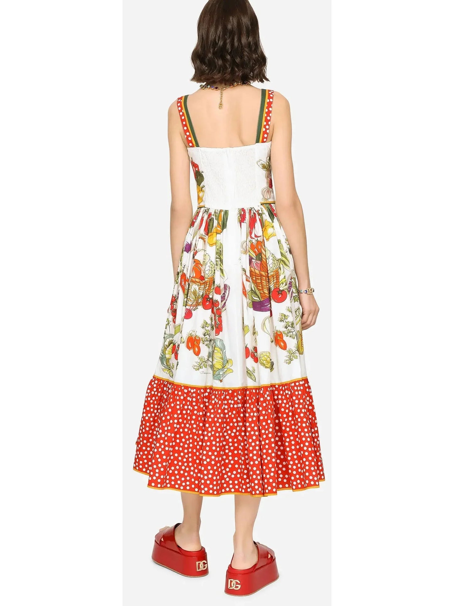Calf-Length Bustier Dress in Vegetable-Print Poplin - Dresses