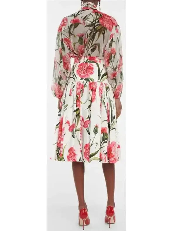 Carnation-Print Silk Blouse - Tops