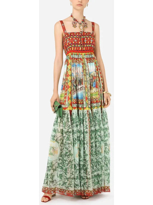 Carretto Print Chiffon Maxi Dress in Multicolor - Dresses