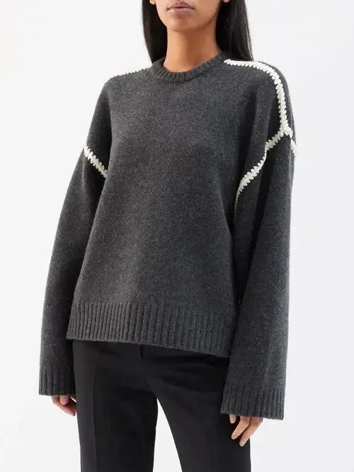 Cashmere and Wool Stitch Contrast Sweater in Gray - Sweaters & Knitwear