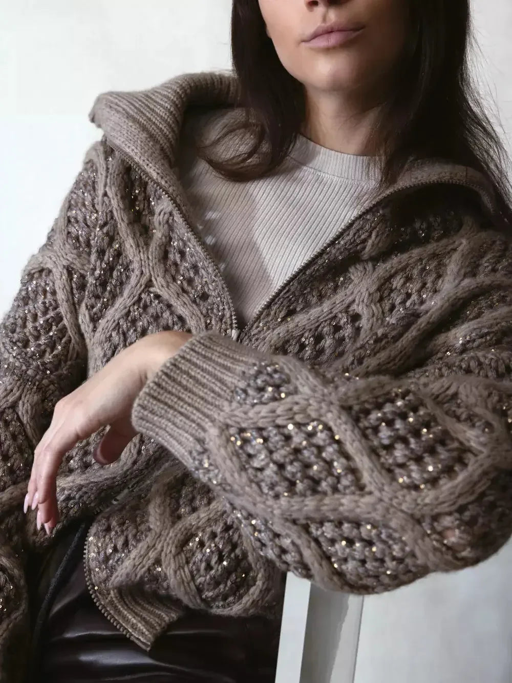Cashmere Cable and Net Zip-Up Cardigan with Sequin Details - Sweaters & Knitwear