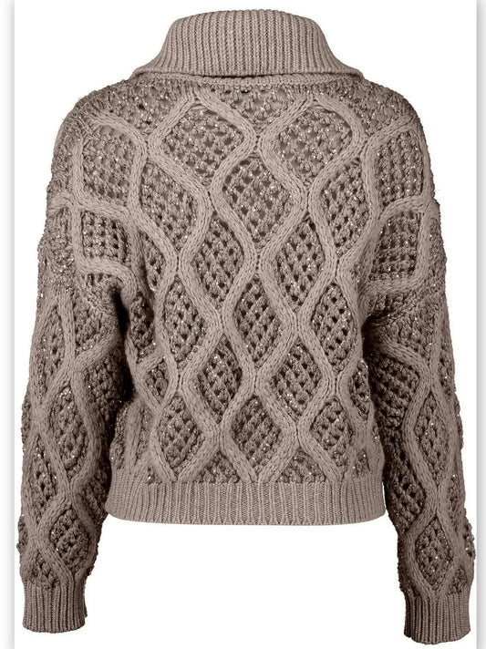 Cashmere Cable and Net Zip-Up Cardigan with Sequin Details - Sweaters & Knitwear