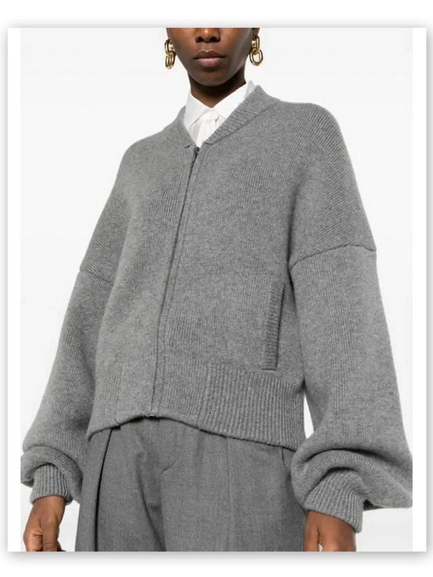 Cashmere Knit Zip Cardigan Sweater in Grey - Sweaters & Knitwear