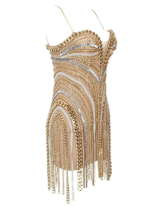 Chain and Crystal-Embellished Mesh Mini Dress - Dresses