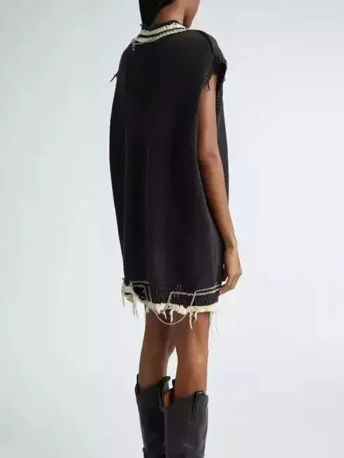 Chain Embellished Distressed Knit Vest Dress - Dresses