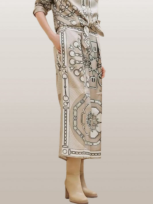 Chain Link and Horsebit Print Silk Culottes in Beige - Jeans & Pants