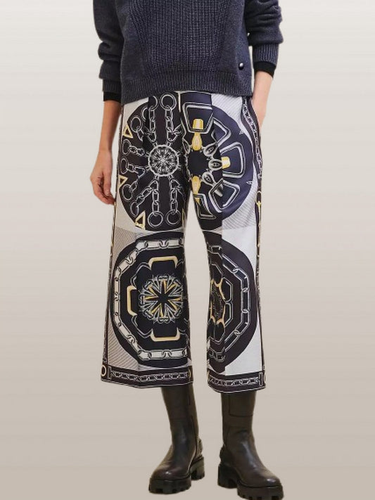 Chain Link and Horsebit Print Silk Culottes in Blue - Jeans & Pants