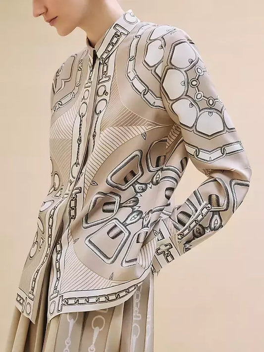Chain Link and Horsebit Print Silk Shirt in Beige - S - Tops
